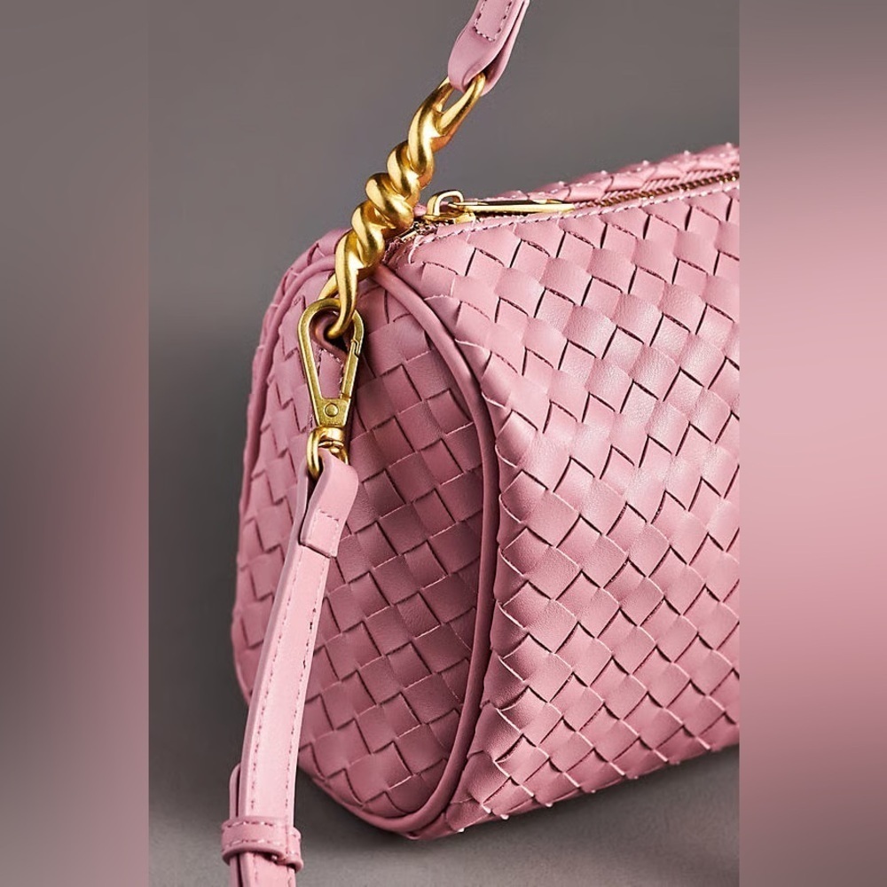 NWT new Anthropologie woven shoulder bag pink mauve faux leather zipper purse - Picture 11 of 15